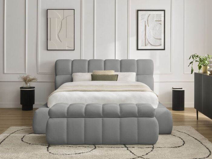 Lit coffre MONT-BLANC + Bout de lit MONT-BLANC tissu mesh Gris