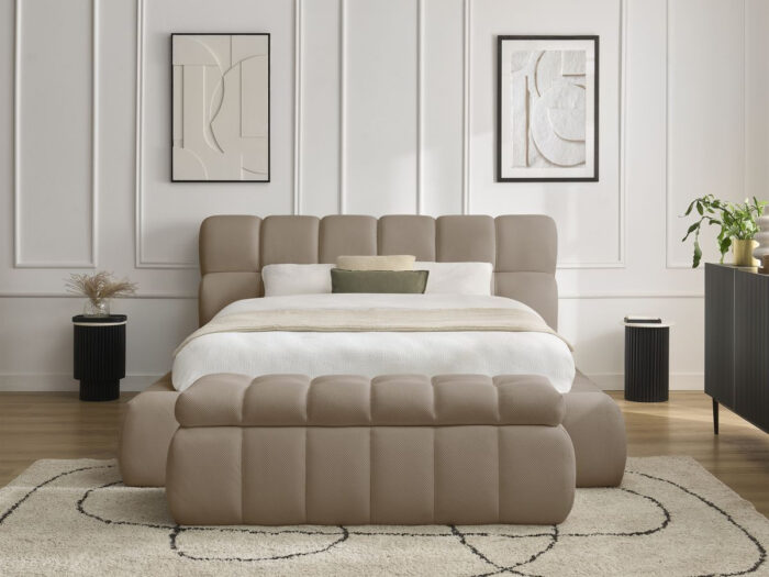 Lit coffre MONT-BLANC + Bout de lit MONT-BLANC tissu mesh Taupe