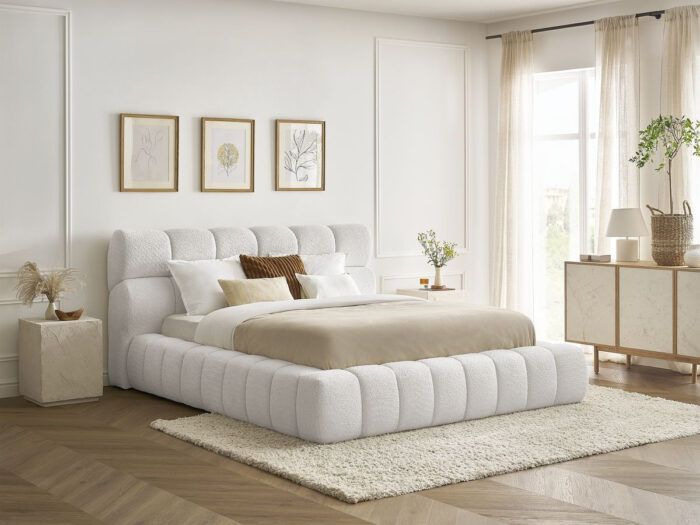 Lit coffre MONT-BLANC tissu bouclette Blanc