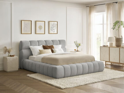Lit coffre MONT-BLANC tissu bouclette Gris clair