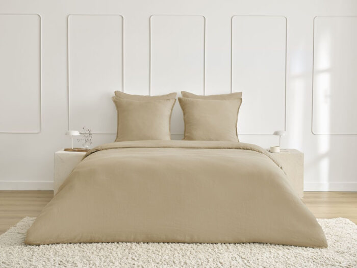 Parure de lit en Lin lavé ARES avec une housse de couette, 2 taies d'oreiller Beige