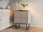 Table de chevet 2 tiroirs LOUNA beige et effet bois avec tasseaux et LED