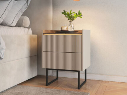 Table de chevet 2 tiroirs LOUNA beige et effet bois avec tasseaux et LED
