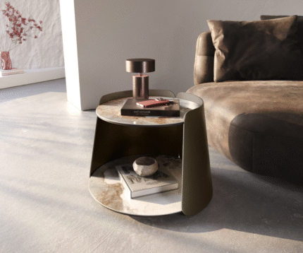 Table-basse Daban 59x59 cm céramique Minas Melange blanc-beige piètement métal coloris titane