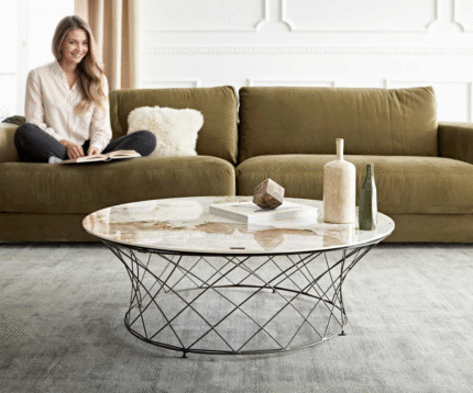 Table-basse Lassina 100x100 cm Céramique Minas Melange Blanc-Beige Piétement métal effet titane