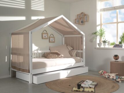 Lit cabane ADELIA avec ensemble textile bois massif de hêtre